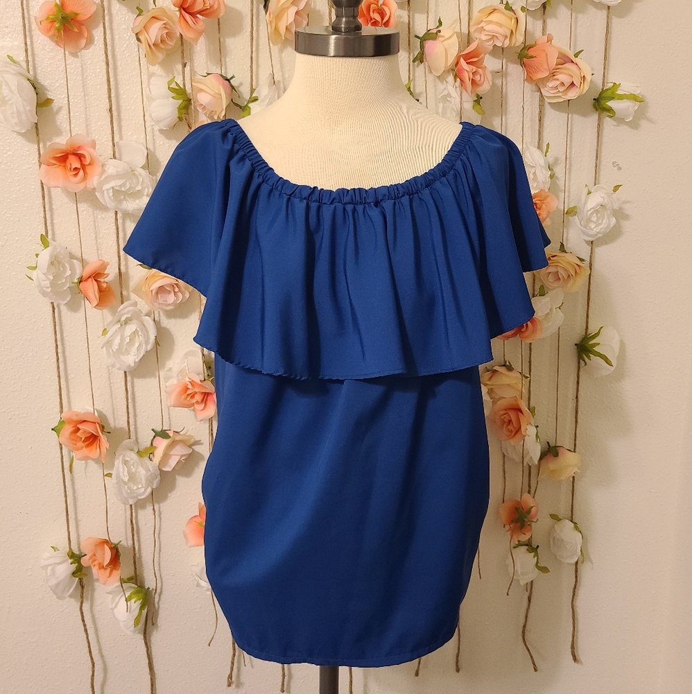 Royal blue off the shoulder ruffle blouse